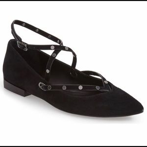 Rebecca Minkoff’s Faye flat in black suede.